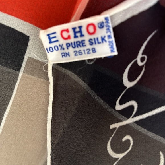 Vintage Echo Modern Geometric Sheer Silk Long Silk Scarf  Black, Gray, Red - Picture 4 of 9